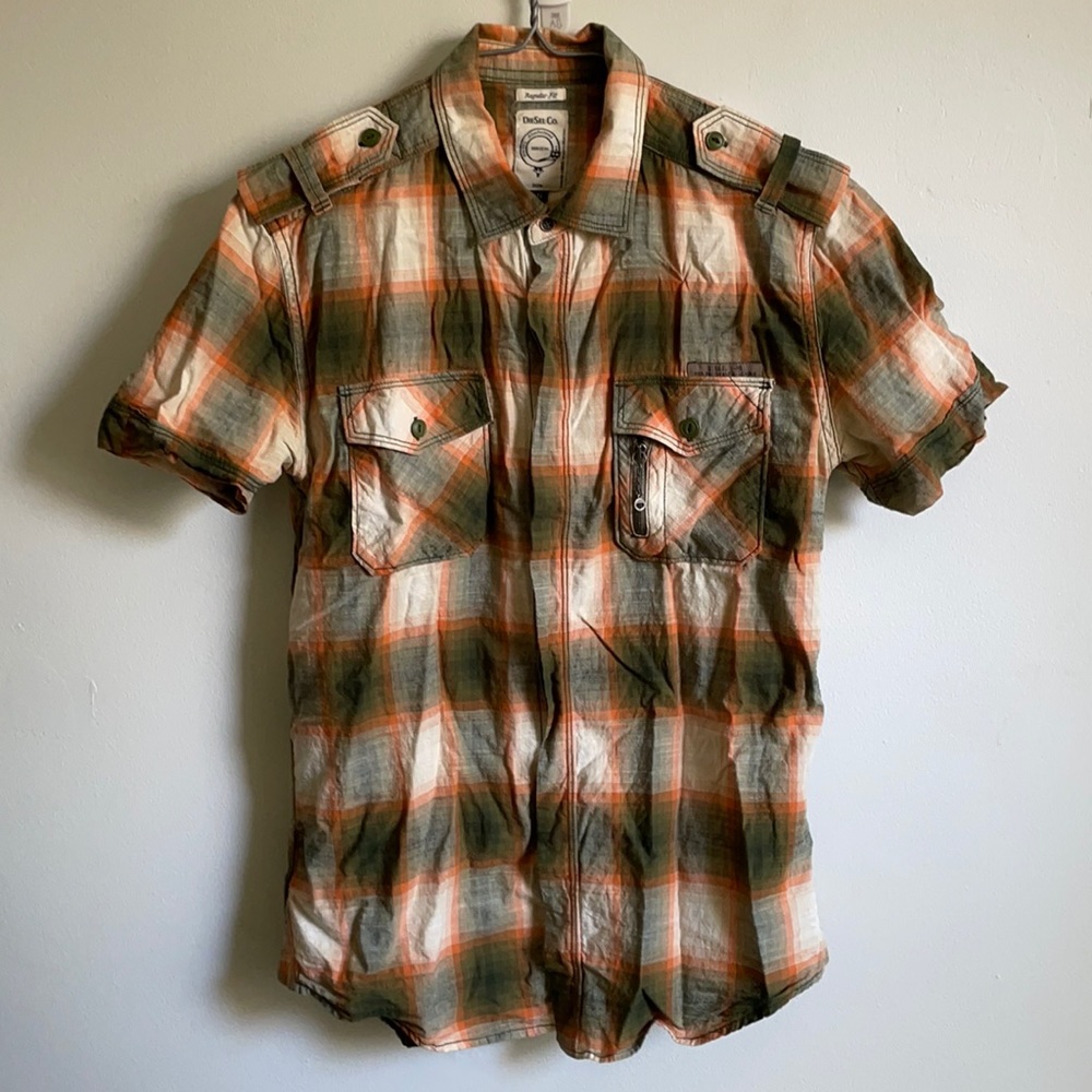 Diesel short sleeve button up sz small regular fit plaid orange green mens